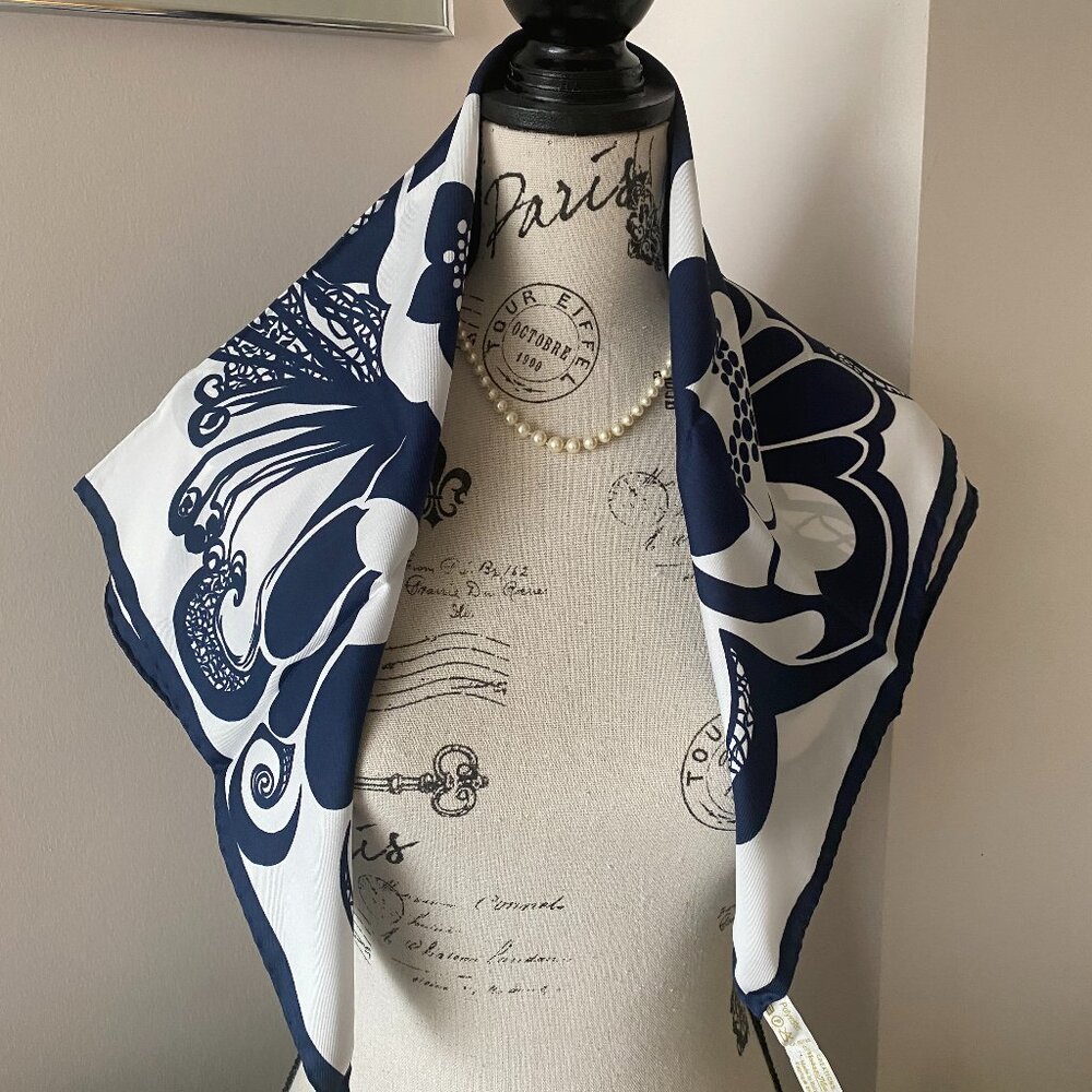 Monique Martin Navy Blue & White Square Scarf With Floral Design
